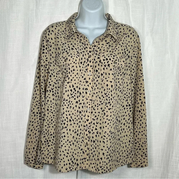 Notations Beige Animal Print Roll Tab Long Sleeve Button Up - Picture 1 of 8